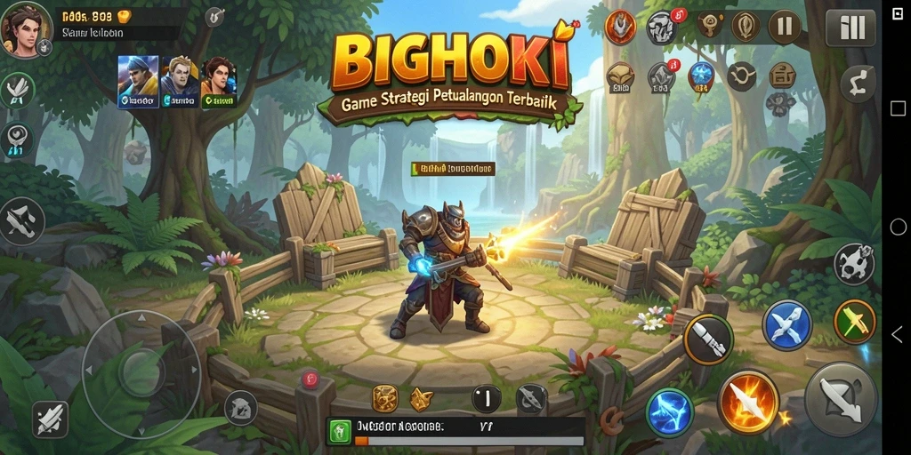 Screenshot gameplay BIGHOKI menampilkan pertempuran dan pembangunan kota.