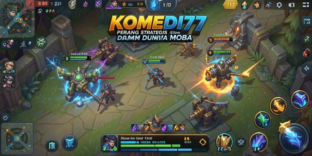 Screenshot gameplay KOMEDI77 menampilkan aksi seru tim MOBA.