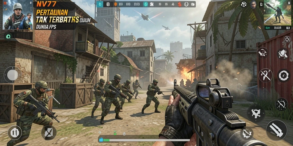 Screenshot gameplay NV77 menampilkan aksi tembak-menembak yang mendebarkan.