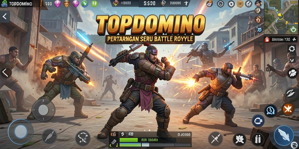 Tangkapan layar utama gameplay <strong>TOPDOMINO</strong> menunjukkan aksi pertarungan yang mendebarkan.
